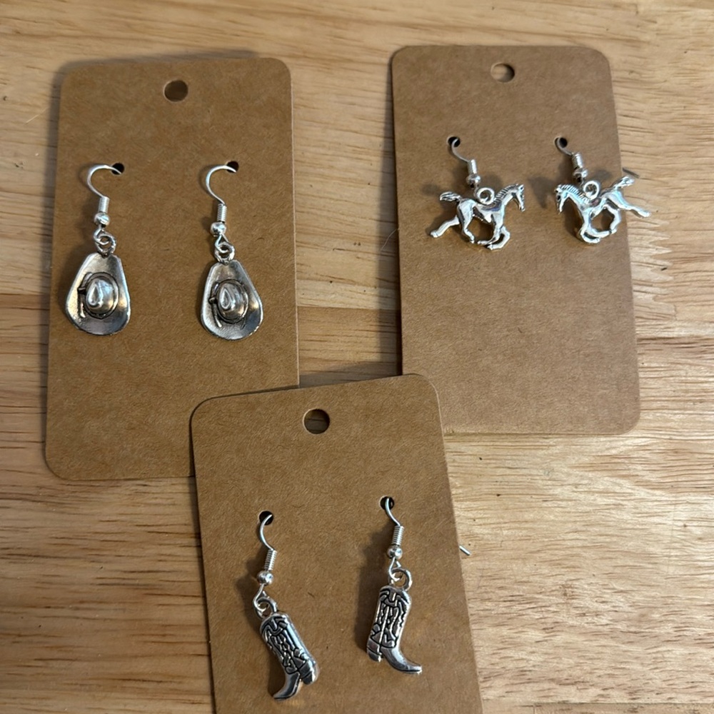 Cowboy Western Dangle Earrings Lot of 3 Horses Boots Hat
